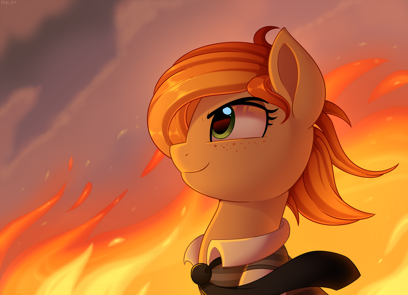 Size: 2000x1450 | Tagged: safe, artist:thegamblehorse, deleted from derpibooru, derpibooru import, oc, oc:parlay, unofficial characters only, earth pony, pony, clothes, female, fire, mare, necktie, smiling, solo, vest