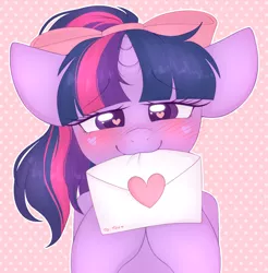 Size: 2952x3000 | Tagged: safe, artist:adostume, derpibooru import, twilight sparkle, pony, blushing, bow, cute, female, hair bow, heart eyes, letter, looking at you, love letter, loving gaze, mare, mouth hold, smiling, solo, twiabetes, wingding eyes