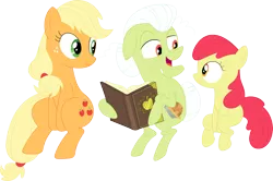 Size: 3475x2301 | Tagged: safe, alternate version, artist:porygon2z, derpibooru import, edit, apple bloom, applejack, granny smith, earth pony, pony, apple family reunion, accessory-less edit, book, female, filly, mare, missing accessory, scrapbook, siblings, simple background, sisters, sitting, transparent background, vector