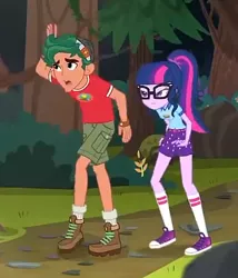 Size: 385x450 | Tagged: safe, derpibooru import, screencap, sci-twi, timber spruce, twilight sparkle, equestria girls, legend of everfree, boots, camp everfree logo, clothes, converse, cropped, glasses, legs, ponytail, shoes, shorts, sneakers, socks