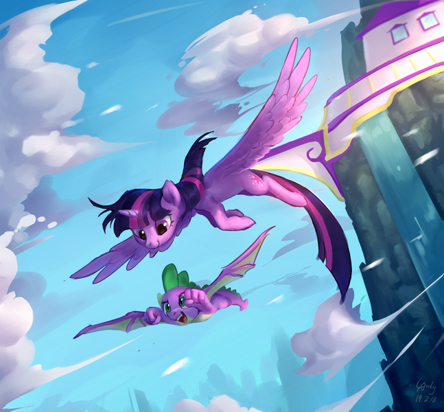 Size: 2400x2225 | Tagged: safe, artist:luciferamon, derpibooru import, spike, twilight sparkle, twilight sparkle (alicorn), alicorn, dragon, pony, cloud, cute, duo, female, flying, male, mare, sky, smiling, winged spike