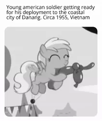 Size: 867x1024 | Tagged: safe, derpibooru import, edit, edited screencap, screencap, pegasus, pony, the one where pinkie pie knows, caption, cropped, deployment, fake history, ignorance is bliss, image macro, implied weaponry, meme, monochrome, oh no, shitposting, soldier, solo, text, this will not end well, vietnam, vietnam war