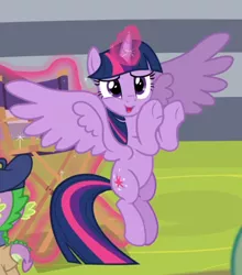 Size: 648x737 | Tagged: safe, derpibooru import, screencap, spike, twilight sparkle, twilight sparkle (alicorn), alicorn, pony, horse play, cropped, director spike, female, flying, glowing horn, horn, levitation, magic, offscreen character, solo focus, spread wings, telekinesis, underhoof, wings