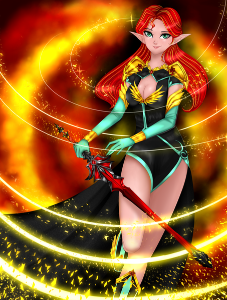 Size: 2129x2818 | Tagged: safe, artist:mdeltar, derpibooru import, sunset shimmer, human, breasts, cleavage, clothes, female, gloves, humanized, looking at you, sword, weapon