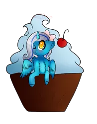 Size: 399x512 | Tagged: adorabelle, adorable face, alicorn, alicorn oc, artist:hunny-bun-bunn, blue frosting, cake, cherry, chest fluff, cupcake, cute, derpibooru import, eye open, eyes closed, female, fluffy, food, frosting, happy, horn, long hair, long mane, mare, oc, oc:fleurbelle, one eye closed, one eye open, safe, sweet, wings, wink, yellow eyes