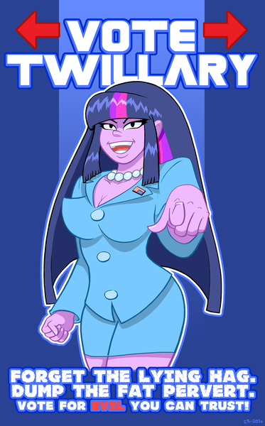 Size: 1600x2576 | Tagged: safe, artist:curtsibling, derpibooru import, twilight sparkle, human, equestria girls, american flag, arrow, blue background, blue dress, button, clothes, dress, evil grin, grin, hillary clinton, implied hillary, implied trump, jewelry, miniskirt, necklace, outdated, pearl necklace, pin, pointing, political cartoon, politics, simple background, skirt, smiling, upside down, upside down flag
