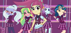 Size: 2038x950 | Tagged: safe, artist:tommychipmunk, derpibooru import, indigo zap, lemon zest, sour sweet, sugarcoat, sunny flare, equestria girls, clothes, costume, crystal prep academy uniform, crystal prep shadowbolts, school uniform, shadow five