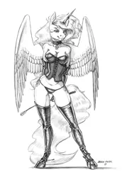 Size: 950x1379 | Tagged: alicorn, anthro, artist:baron engel, belly button, black panties, black underwear, breasts, chains, cleavage, clothes, collar, corset, curvy, cutie mark collar, derpibooru import, dominatrix, domlestia, female, gloves, grayscale, horn, horn jewelry, horn ring, hourglass figure, jewelry, leather, looking at you, mare, monochrome, panties, pencil drawing, princess celestia, riding crop, ring, simple background, socks, solo, solo female, stupid sexy celestia, suggestive, thigh highs, thong, traditional art, underwear, unguligrade anthro, white background