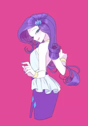 Size: 1100x1571 | Tagged: safe, artist:kkmrarar, derpibooru import, kotobukiya, rarity, human, equestria girls, bare shoulders, blushing, clothes, female, humanized, kotobukiya rarity, looking back, side slit, simple background, skirt, sleeveless, smiling, solo