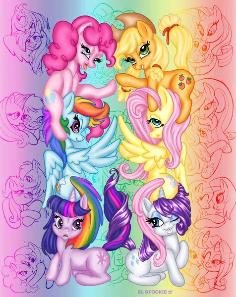 Size: 1188x1498 | Tagged: safe, artist:steven_martin, derpibooru import, aloe, applejack, big macintosh, cheerilee, fluttershy, gilda, lotus blossom, photo finish, pinkie pie, princess celestia, princess luna, rainbow dash, rarity, spike, trixie, twilight sparkle, gryphon, pony, season 1, appleshy, female, hug, intertwined tails, kissing, lesbian, male, mane six, rainbow, s1 luna, shadowbolts, shipping, straight, tail, tongue out