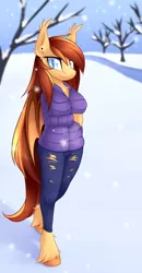 Size: 1280x2455 | Tagged: safe, artist:scarlet-spectrum, derpibooru import, part of a set, oc, oc:silver veil, unofficial characters only, anthro, bat pony, unguligrade anthro, anthro oc, bat pony oc, bat wings, clothes, coat, commission, deviantart watermark, female, looking at you, obtrusive watermark, pants, ripped pants, smiling, snow, solo, tree, unshorn fetlocks, watermark, wings, winter