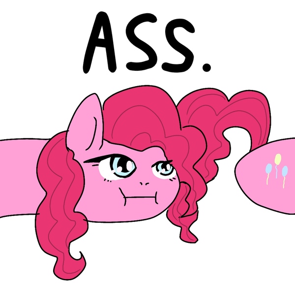 Size: 1000x1000 | Tagged: safe, artist:t0xicadavre, derpibooru import, pinkie pie, earth pony, pony, :i, ass, balloonbutt, butt, female, how, lidded eyes, looking at something, mare, pinkie being pinkie, pinkie physics, plot, ponk, silly, simple background, solo, text, wat, white background