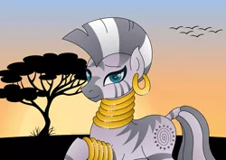 Size: 1280x906 | Tagged: africa, artist:lavenderrain24, colored pupils, cute, derpibooru import, female, gradient background, safe, savanna, silhouette, solo, tree, zebra, zecora, zecorable