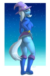 Size: 1324x2000 | Tagged: suggestive, artist:skipsy, derpibooru import, trixie, anthro, plantigrade anthro, unicorn, ass, boots, bottomless, breasts, butt, clothes, commission, cutie mark, equestria girls outfit, female, hat, hoodie, jacket, lidded eyes, looking at you, mare, miniskirt, partial nudity, shoes, skirt, skirt lift, smiling, solo, solo female, stupid sexy trixie, the great and powerful ass, thighs, trixie's hat