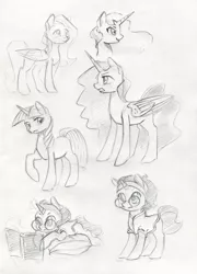 Size: 1000x1386 | Tagged: artist needed, safe, derpibooru import, princess luna, twilight sparkle, oc, oc:nyx, alicorn, pony, alicorn oc, book, clothes, glasses, headband, horn, pencil drawing, traditional art, vest, wings