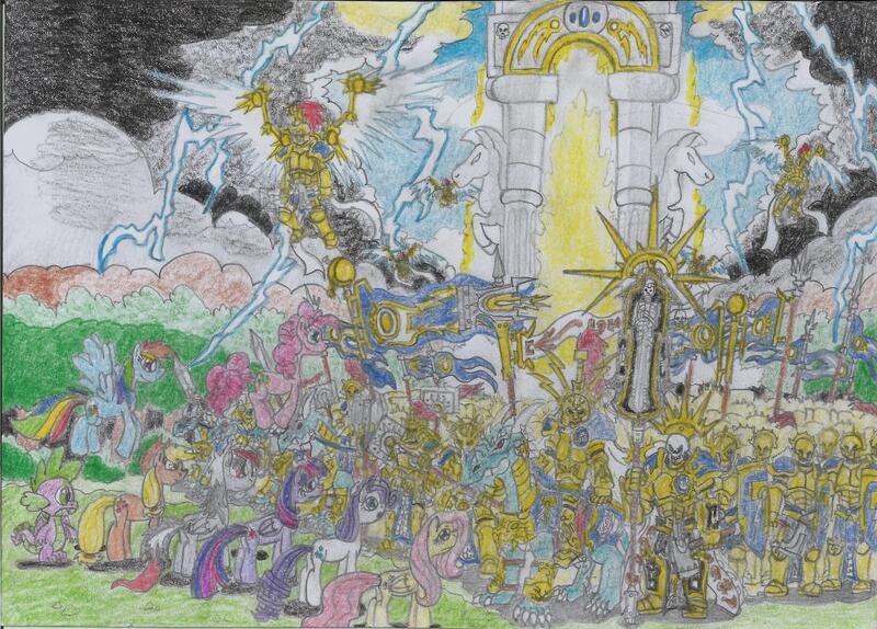 Size: 2482x1780 | Tagged: safe, artist:nephilim rider, derpibooru import, applejack, fluttershy, pinkie pie, rainbow dash, rarity, spike, twilight sparkle, twilight sparkle (alicorn), oc, oc:heaven lost, alicorn, dragon, earth pony, pegasus, pony, unicorn, armor, crossover, dracoth, female, male, mane six, mare, realmgate, storm, stormcast eternal, traditional art, warhammer (game), warhammer age of sigmar