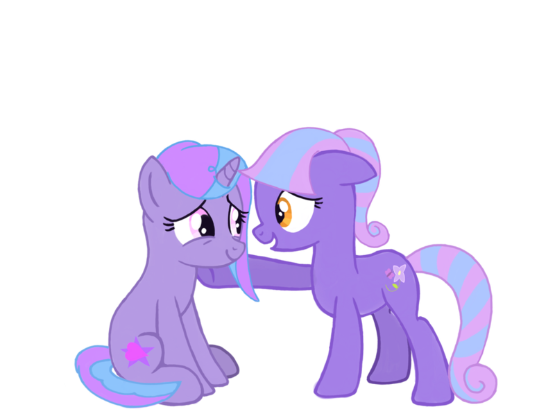 Size: 1024x768 | Tagged: safe, artist:turnaboutart, derpibooru import, oc, oc:lilac glow, oc:starry twinkle, unofficial characters only, earth pony, pony, unicorn, base used, cutie mark, female, hoof on shoulder, mare, parent:lemon hearts, parent:twilight sparkle, parents:lemonlight, siblings, sisterly love, sisters, twins