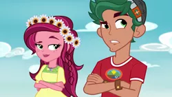 Size: 1920x1080 | Tagged: safe, derpibooru import, screencap, gloriosa daisy, timber spruce, equestria girls, legend of everfree, brother and sister, camp everfree logo, camp everfree outfits, clothes, crossed arms, female, flower, flower in hair, geode of fauna, geode of shielding, geode of sugar bombs, geode of super speed, geode of super strength, magical geodes, male, siblings, sky