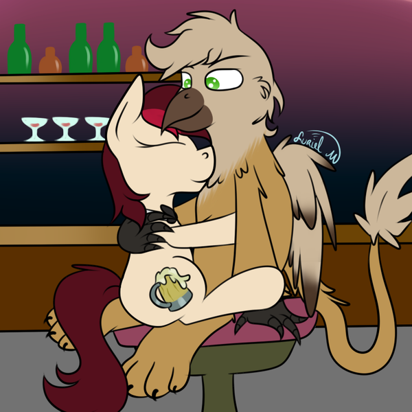 Size: 800x800 | Tagged: safe, artist:luriel maelstrom, derpibooru import, oc, oc:appleale, oc:steelwinghollowtooth, unofficial characters only, gryphon, pony, bottle, chair, claws, glass, interspecies, nuzzling, paws, signature, simple background, sitting, snuggling