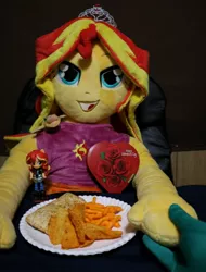 Size: 1823x2403 | Tagged: safe, artist:lavim, derpibooru import, ray, sunset shimmer, oc, oc:anon, equestria girls, cheetos, chips, crown, cute, doll, doritos, engagement ring, equestria girls minis, food, happy, holding hands, holiday, hot pocket, hotpockets, jewelry, plushie, regalia, toy, valentine's day, waifu dinner