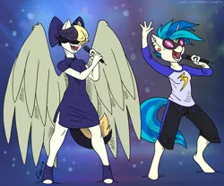 Size: 1400x1164 | Tagged: safe, artist:kaemantis, deleted from derpibooru, derpibooru import, songbird serenade, vinyl scratch, anthro, pegasus, unguligrade anthro, unicorn, my little pony: the movie, duet, female, large wings, microphone, open mouth, wings