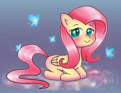 Size: 2347x1805 | Tagged: safe, artist:angelicartistgirl, derpibooru import, fluttershy, butterfly, pegasus, pony, anatomically incorrect, blushing, colored pupils, cute, heart eyes, incorrect leg anatomy, ponyloaf, prone, shyabetes, solo, wingding eyes