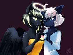 Size: 1280x974 | Tagged: safe, artist:athyess, derpibooru import, oc, oc:astral umbra, oc:lapiz, unofficial characters only, alicorn, anthro, unicorn, alicorn oc, clothes, eye contact, female, halo, heart, heart hands, horn, looking at each other, unicorn oc, wings