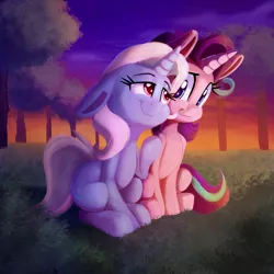 Size: 2000x2000 | Tagged: safe, artist:discorded, derpibooru import, starlight glimmer, trixie, pony, unicorn, :3, :t, cute, diatrixes, ear fluff, eye contact, female, floppy ears, glimmerbetes, grass, leg fluff, lesbian, lidded eyes, looking at each other, mare, raised hoof, scenery, shipping, sitting, smiling, startrix, sunset, tree