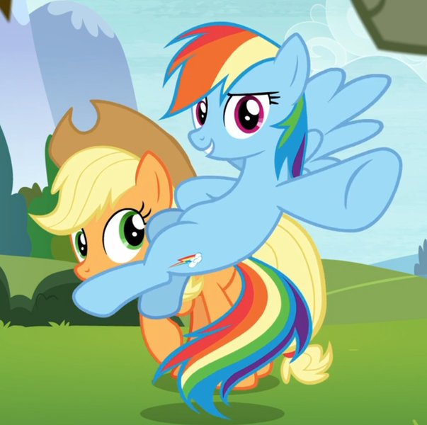 Size: 868x863 | Tagged: safe, derpibooru import, screencap, applejack, rainbow dash, earth pony, pegasus, pony, non-compete clause, cropped, female, flying, mare, pointing, raised hoof, spread wings, underhoof, wings