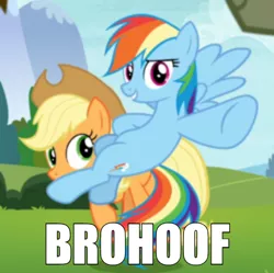 Size: 600x597 | Tagged: safe, derpibooru import, edit, edited screencap, screencap, applejack, rainbow dash, earth pony, pegasus, pony, non-compete clause, caption, cropped, female, flying, hoofbump, image macro, impact font, mare, meme, pointing, text