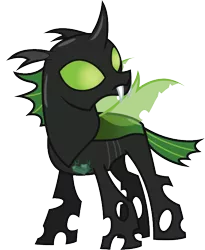 Size: 492x601 | Tagged: artist:lightning stripe, black, changeling, changeling oc, derpibooru import, fangs, green, green changeling, green eyes, horn, male, oc, oc:phylaxis, safe, show accurate, simple background, solo, transparent background, wings