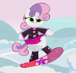 Size: 1766x1692 | Tagged: safe, artist:sallycars, derpibooru import, sweetie belle, pony, bipedal, boots, clothes, jacket, midair, miniskirt, ms paint, plaid skirt, pleated skirt, shoes, skirt, smiling, snow, snowboard, snowboarding, solo