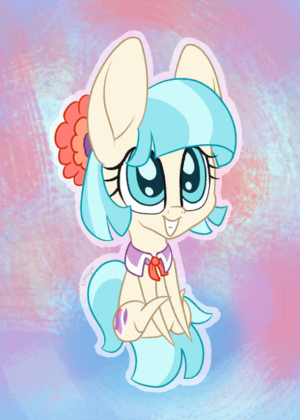 Size: 1000x1400 | Tagged: safe, artist:litrojia, derpibooru import, coco pommel, earth pony, pony, abstract background, chibi, cocobetes, colored pupils, cute, female, grin, large ears, looking up, mare, pointy ponies, sitting, smiling, solo, squee