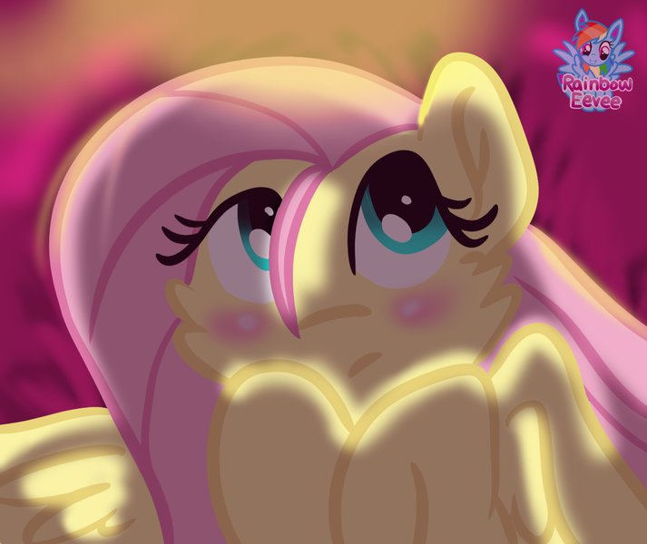 Size: 1140x959 | Tagged: safe, artist:rainbow eevee, derpibooru import, fluttershy, pegasus, pony, bed, blushing, cheek fluff, cute, female, hooves to the chest, looking away, looking up, mare, night, shadow, solo, spread wings, stray strand, wings