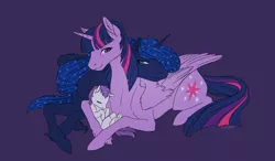 Size: 3000x1750 | Tagged: safe, artist:j3r1k0, derpibooru import, princess luna, twilight sparkle, twilight sparkle (alicorn), oc, oc:solstice, alicorn, pony, baby, baby pony, female, foal, lesbian, magical lesbian spawn, mare, offspring, parent:princess luna, parent:twilight sparkle, parents:twiluna, prone, shipping, twiluna, unshorn fetlocks