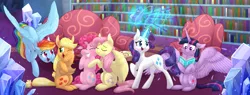 Size: 6000x2287 | Tagged: safe, artist:cartoonboyfriends, derpibooru import, applejack, fluttershy, pinkie pie, pound cake, pumpkin cake, rainbow dash, rarity, twilight sparkle, twilight sparkle (alicorn), alicorn, earth pony, pegasus, pony, unicorn, :i, applejack's hat, blurred background, blushing, book, bookshelf, camera, chair, chest fluff, couch, cowboy hat, crying, cute, ear fluff, ear piercing, earring, eyelashes, eyes closed, eyeshadow, feather, female, floppy ears, flying, freckles, glowing horn, hair tie, happy, hat, hooves on cheeks, horn, hug, indoors, jewelry, large wings, lesbian, levitation, looking at each other, looking at something, loving gaze, magic, makeup, mane six, mare, messy mane, omniship, one eye closed, open mouth, photo album, piercing, polyamory, ponytail, raised hoof, ruffled feathers, shipping, sitting, smiling, sparkles, spread wings, squishy cheeks, standing, stetson, tears of joy, teary eyes, telekinesis, twilight's castle, wings