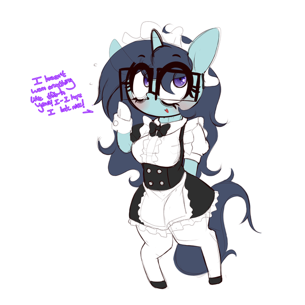 Size: 3500x3500 | Tagged: safe, artist:fullmetalpikmin, derpibooru import, oc, oc:insatiable void, unofficial characters only, pony, bipedal, clothes, dialogue, female, glasses, maid, maid headdress, mare, milf, simple background, solo, white background