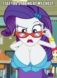 Size: 600x821 | Tagged: suggestive, artist:nokozeze, derpibooru import, edit, edited edit, edited screencap, editor:nokozeze, screencap, apple bloom, rarity, sweetie belle, equestria girls, equestria girls series, happily ever after party, absolute cleavage, bare shoulders, barrette, beautiful, beautisexy, bent over, big breasts, blurred background, bracelet, breast edit, breasts, busty rarity, canterlot high, caption, chair, classroom, cleavage, clothes, cropped, denim, desk, downblouse, eyelashes, eyeshadow, female, glasses, hairclip, hairpin, hand behind back, happily ever after party: rarity, huge breasts, impossibly large breasts, indoors, jeans, jewelry, looking at you, makeup, offscreen character, open mouth, pants, poofy shoulders, raised eyebrow, rarity is not amused, rarity's glasses, school desk, sexy, shirt, sitting, skirt, text, unamused, wall of tags, wide eyes