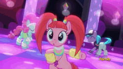 Size: 500x281 | Tagged: safe, derpibooru import, screencap, azure velour, flashdancer, pacific glow, earth pony, pony, the saddle row review, :o, animated, bangs, bipedal, butt, cute, dancing, dancing queen, female, flank spin, flexible, furry leg warmers, glowstick, gyration, leg warmers, mare, open mouth, pacifier, pigtails, plot, rave, tail twirl