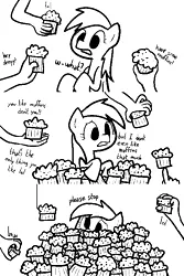 Size: 500x750 | Tagged: safe, artist:dinoderpy, derpibooru import, derpy hooves, human, pony, comic, flanderization, food, lmao, lol, monochrome, muffin, offscreen character, offscreen human