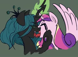 Size: 2048x1494 | Tagged: semi-grimdark, suggestive, artist:slimewiz, derpibooru import, princess cadance, queen chrysalis, alicorn, changeling, changeling queen, pony, brainwashing, corrupted, crown, eyes closed, fangs, female, glowing horn, horn, hypnosis, jewelry, kaa eyes, kissing, lesbian, magic, makeup, regalia, running makeup, sloppy kissing, subdance, swirly eyes, tongue play