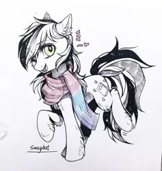 Size: 1215x1280 | Tagged: safe, artist:swaybat, derpibooru import, oc, earth pony, pony, clothes, female, heart, mare, scarf, sketch, solo