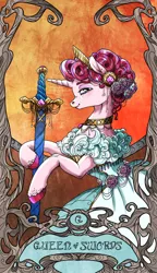 Size: 822x1425 | Tagged: safe, artist:sourcherry, derpibooru import, oc, pony, unicorn, clothes, dress, female, flower, flower in hair, jewelry, mare, smiling, smug, solo, spade, sword, tarot, tarot card, tiara, weapon