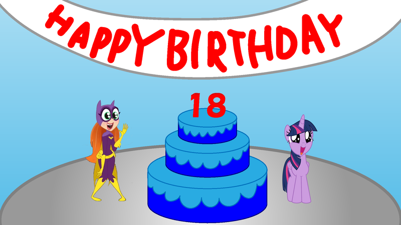 Size: 1920x1080 | Tagged: safe, artist:cartoonmaster, artist:cartoonmasterv3, derpibooru import, twilight sparkle, twilight sparkle (alicorn), alicorn, pony, batgirl, birthday cake, cake, cartoon network, cartoon network pony, crossover, dc comics, dc superhero girls, food, happy birthday, tara strong, voice actor joke