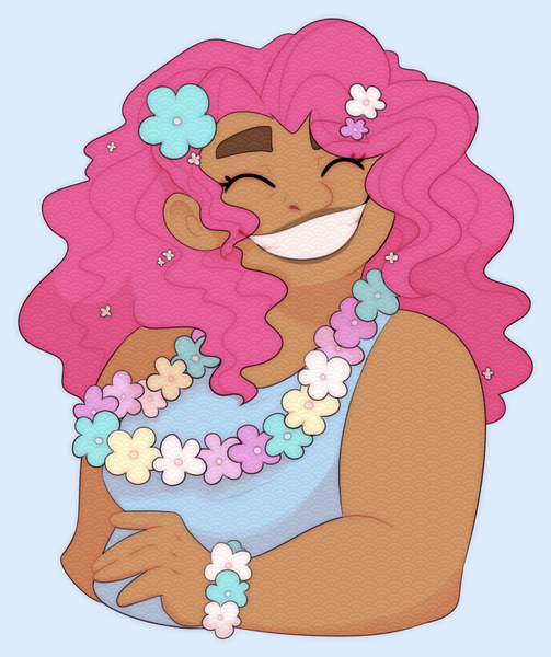 Size: 1385x1652 | Tagged: artist:geisharozu, blue background, chubby, dark skin, derpibooru import, eyes closed, flower, flower in hair, grin, human, humanized, lei, pinkie pie, safe, simple background, smiling, solo