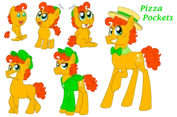 Size: 1024x674 | Tagged: safe, artist:crazynutbob, derpibooru import, oc, oc:pizza pockets, pony, adult, baby, boater hat, bowtie, cap, clothes, colt, diaper, foal, freckles, grin, growing up, hat, jacket, male, offspring, parent:cheese sandwich, parent:pinkie pie, parents:cheesepie, propeller hat, smiling, stallion, teenager