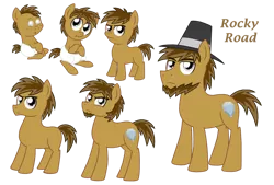 Size: 1024x694 | Tagged: safe, artist:crazynutbob, derpibooru import, oc, oc:rocky road, pony, adult, baby, beard, colt, diaper, facial hair, foal, goatee, growing up, grumpy, hat, male, offspring, parent:cheese sandwich, parent:pinkie pie, parents:cheesepie, stallion, teenager