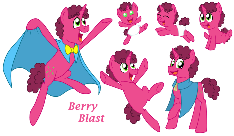 Size: 1024x594 | Tagged: safe, artist:crazynutbob, derpibooru import, oc, oc:berry blast, pony, unicorn, baby, bowtie, cape, clothes, colt, diaper, excited, foal, growing up, jumping, male, offspring, parent:cheese sandwich, parent:pinkie pie, parents:cheesepie, stallion, teenager