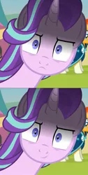 Size: 718x1430 | Tagged: safe, artist:agrol, derpibooru import, edit, editor:horsesplease, starlight glimmer, sunburst, pony, at first i was like but then i was like, everything went better than expected, glarelight glimmer, inconvenient starlight, inverted mouth, serendipity (scenario), smiling, smirk, this will end in gulag, time for two, yandere glimmer