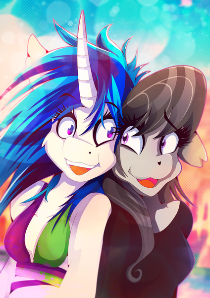 Size: 1358x1920 | Tagged: safe, artist:rariedash, derpibooru import, octavia melody, vinyl scratch, anthro, earth pony, unicorn, clothes, cute, female, floppy ears, lesbian, open mouth, scratchtavia, shipping